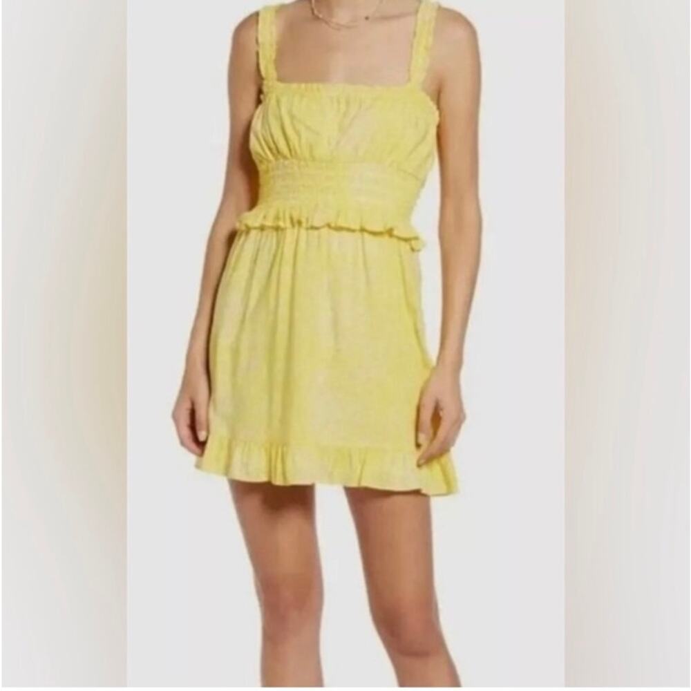 Nordstrom Camo Yellow Smocked Ruffle Fit & Flare Mini Dress Small Cottagecore